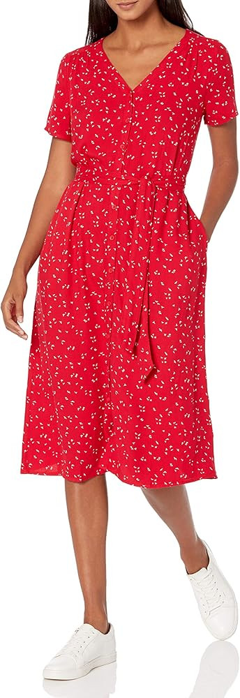 Amazon Essentials Women's Short-Sleeve Midi Button Front Tie Dress | Amazon (US)