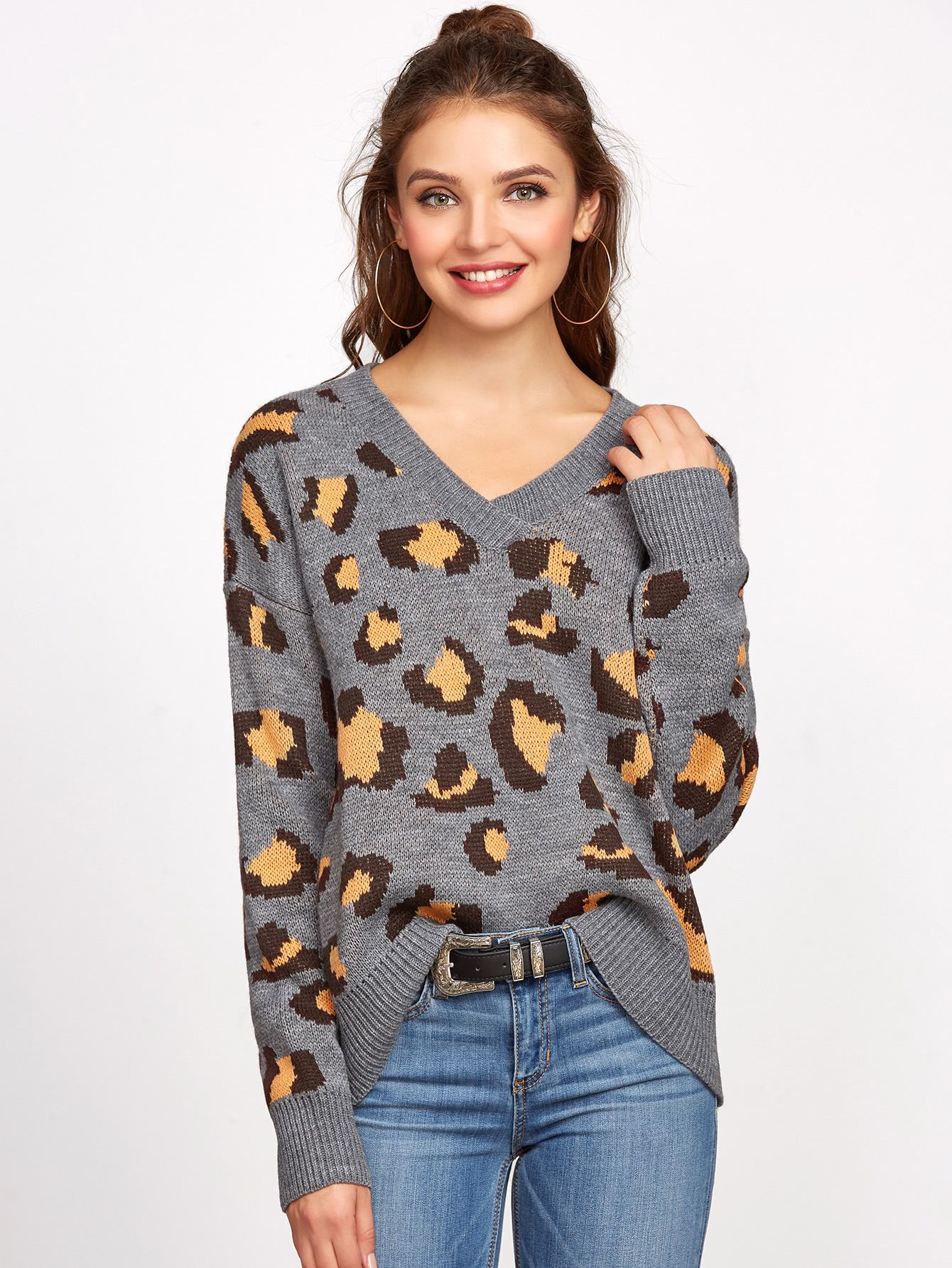 Grey V Neck Drop Shoulder Leopard Sweater | SHEIN