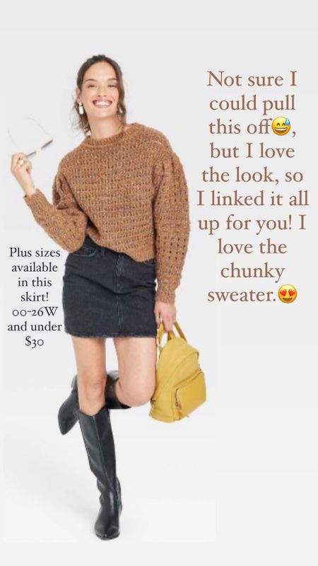 Chunky sweater, denim skirt, knee high boots…a perfect fall outfit! Boots are under $50 and western boots are so popular this fall! I love the knit sweater, and the black denim skirt comes in plus sizes also! 00-26W available!