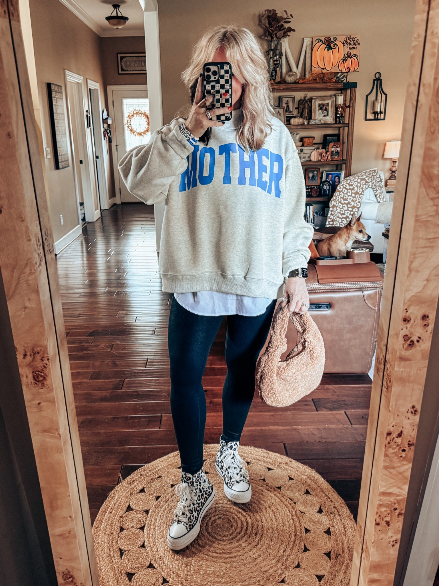 The cutest mother mock neck. Added the shirt extender underneath for more length with leggings. Also just got this Sherpa bag and love it!! Perfect for fall and winter. 
My sweatshirt is a S/M but I also have the dilly dally one in a L/XL & love it too. I think it’s sold out but you can be notified when it’s back in stock if you sign up to be  

#LTKOver40 #LTKFindsUnder100 #LTKStyleTip