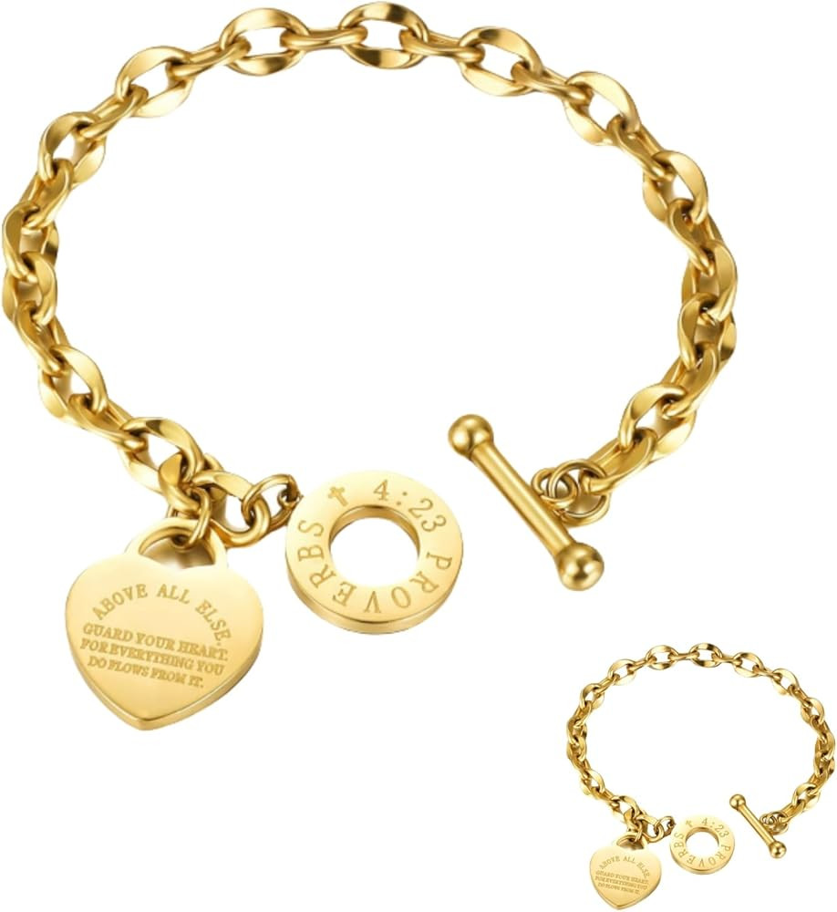 pichuxiu Heart Charm Bracelet Plated 18K Gold/Silver/Rose Gold Bible Scripture Heart Bracelet for... | Amazon (US)