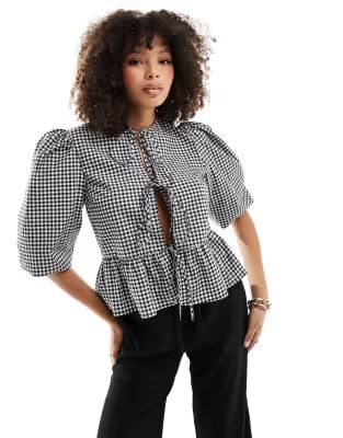 ASOS DESIGN cotton poplin tie front peplum blouse in black gingham | ASOS (Global)