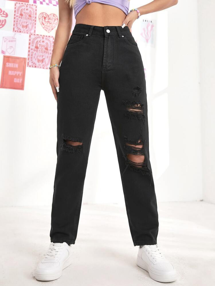 High Waist Destroyed Mom Jeans | SHEIN