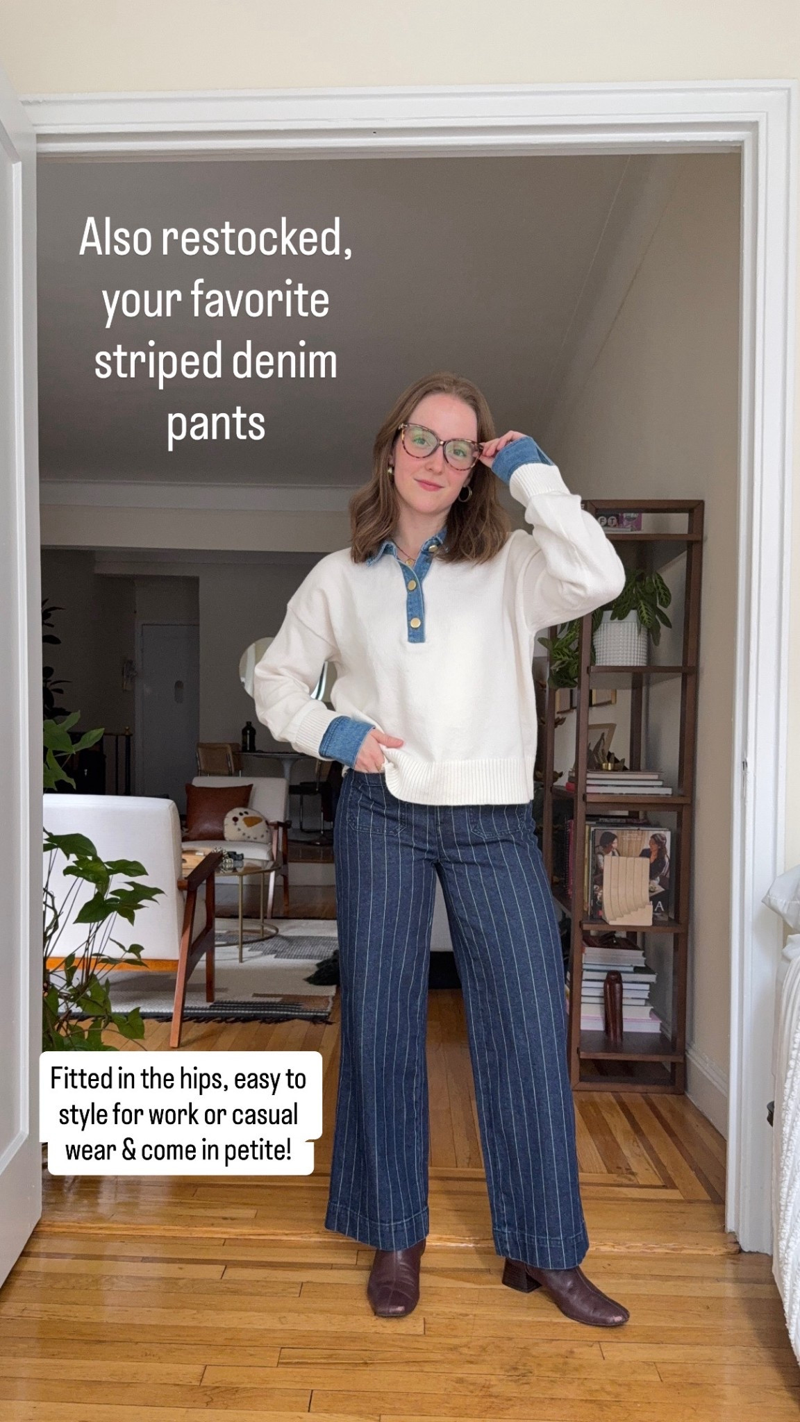 Restock alert. Striped denim wide leg pants on sale + petite friendly. Wearing 0’peyite I’m 5ft 2 117lbs usually 0-2pants 

#LTKPetite #LTKSaleAlert