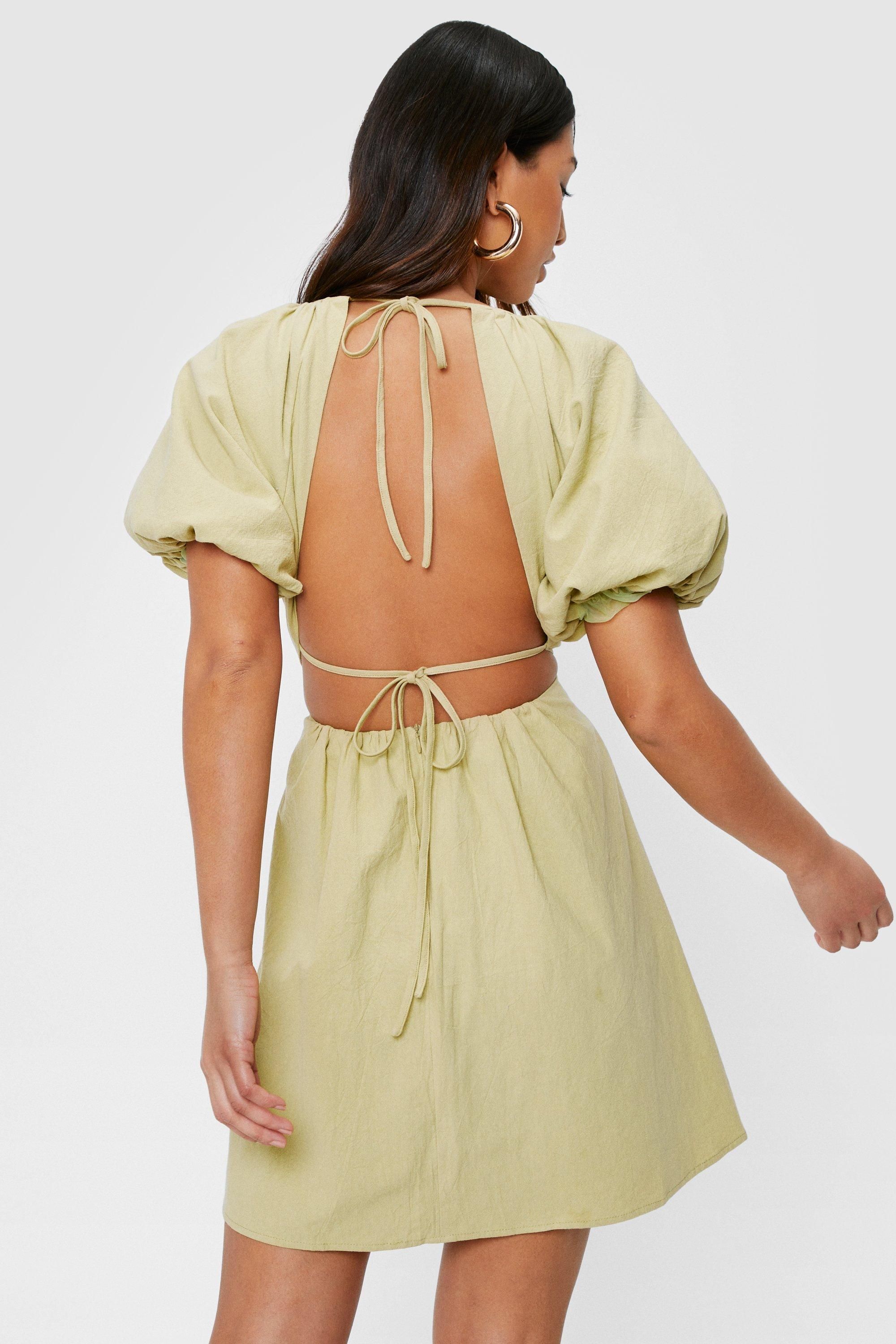 Linen Look Open Back Mini Dress | Nasty Gal (US)