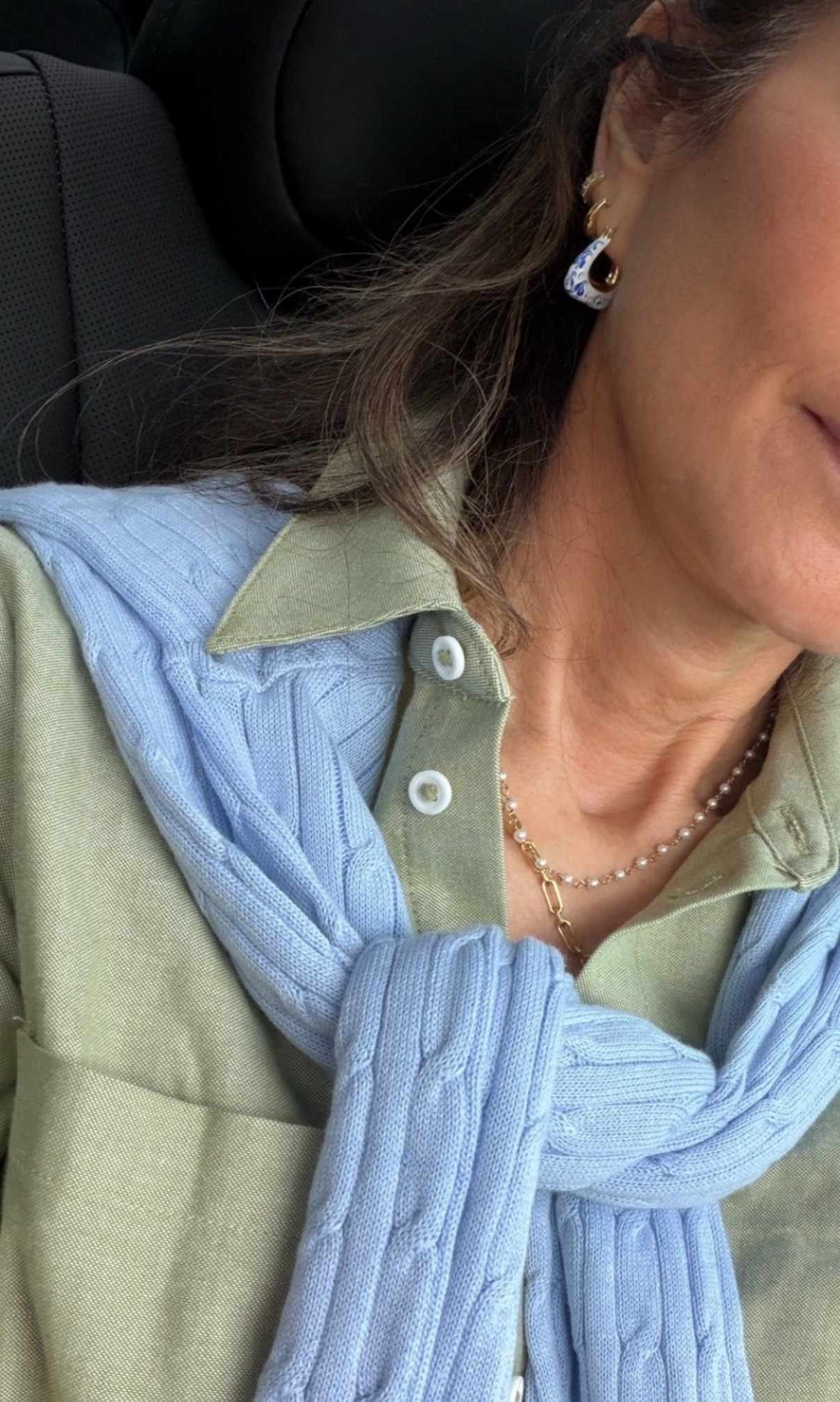 Button up sz XS, sweater sz XS
Fin earrings for spring 

#LTKootd #LTKOver40