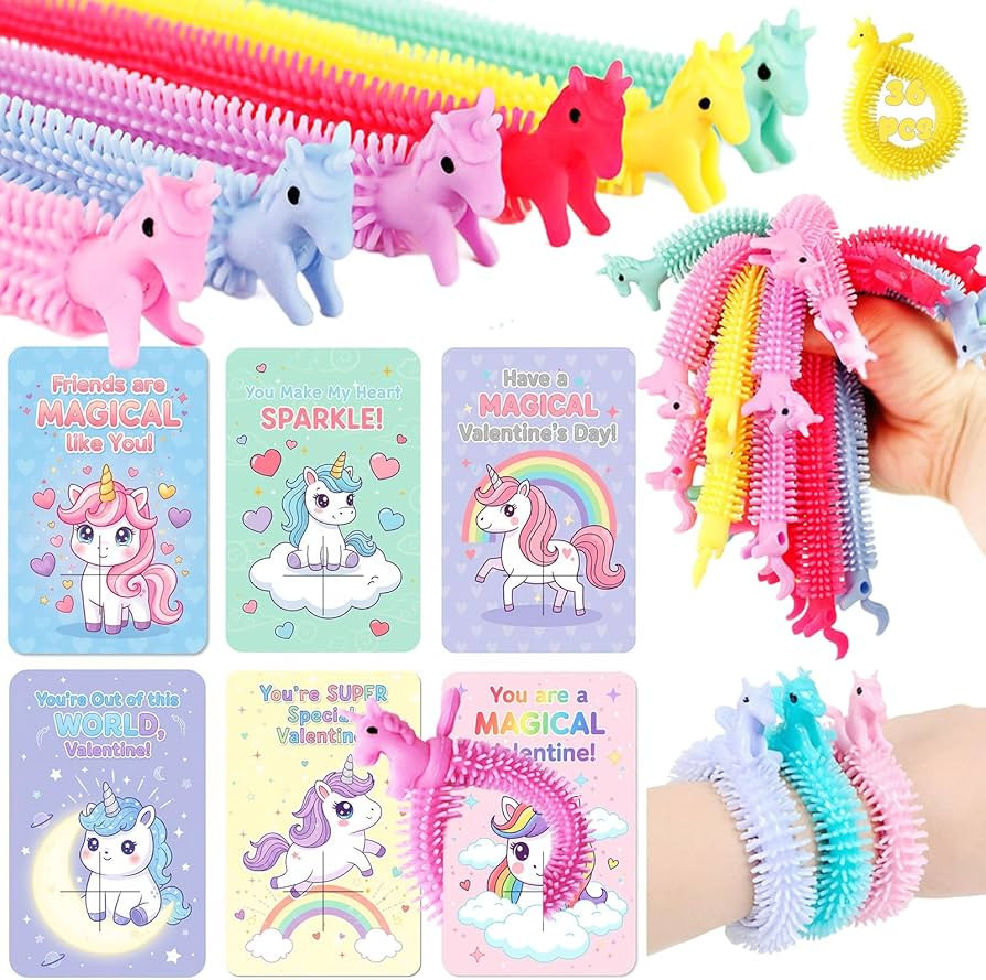 36 Pack Valentines Day Cards for Kids School with Unicorn Stretchy Strings ,Unicorn Noodles Valen... | Amazon (US)