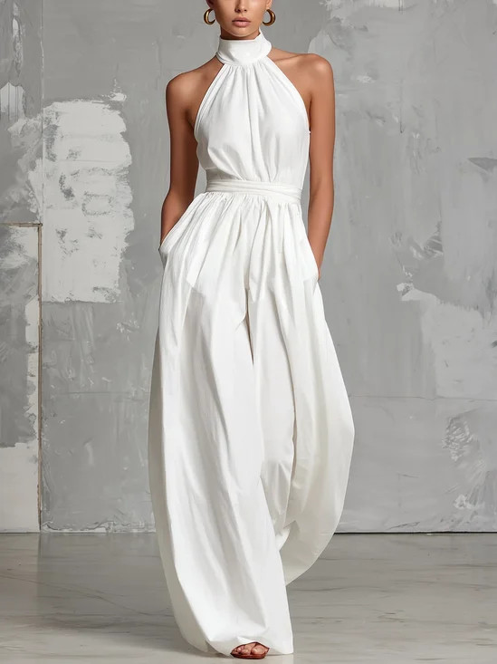 Vacation Cotton Lace-up Plain Halter Tank Jumpsuit With Belt | Stylewe