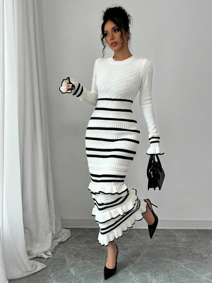 Elenzga Women's Elegant Color Block Striped Ruffle Hem Fitted Maxi Sweater Dress, Autumn/Winter | SHEIN