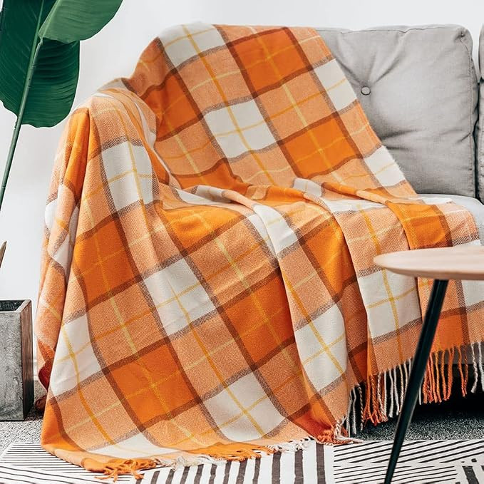 Amazon.com: LALIFIT Decorative Faux Cashmere Throw Blankets Soft Fluffy Classic Orange Plaid Frin... | Amazon (US)