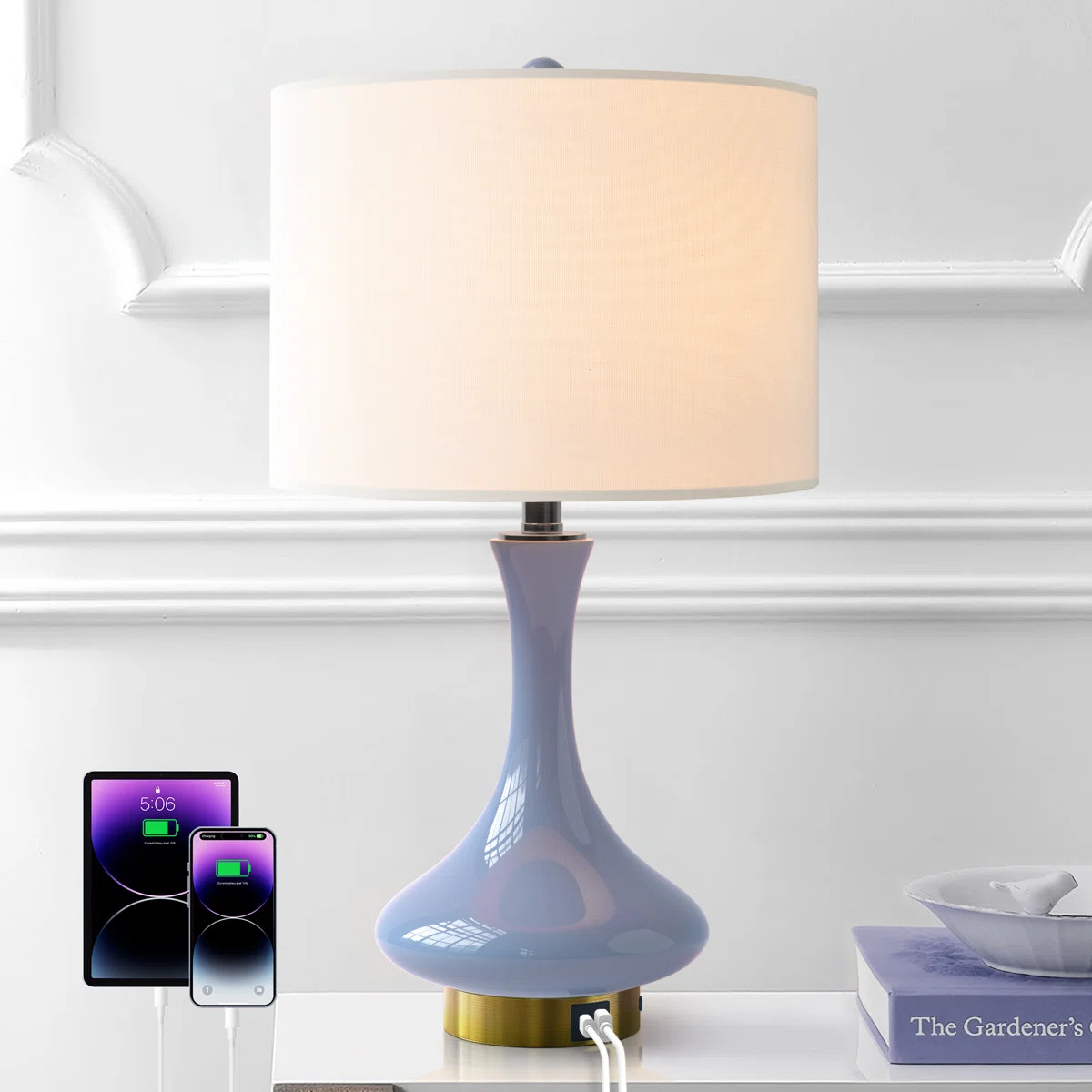 23.5" Puple Ceramic Table Lamp with USB & Type-C Ports and Pre-Assembled White Linen Shade | Wayfair North America