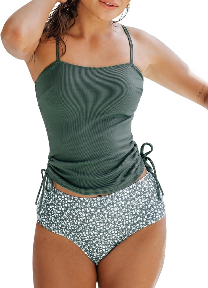 CUPSHE Women's Tankini Set Two Piece Swimsuit Ruched Drawstring Bathing Suits with High Waisted B... | Amazon (US)
