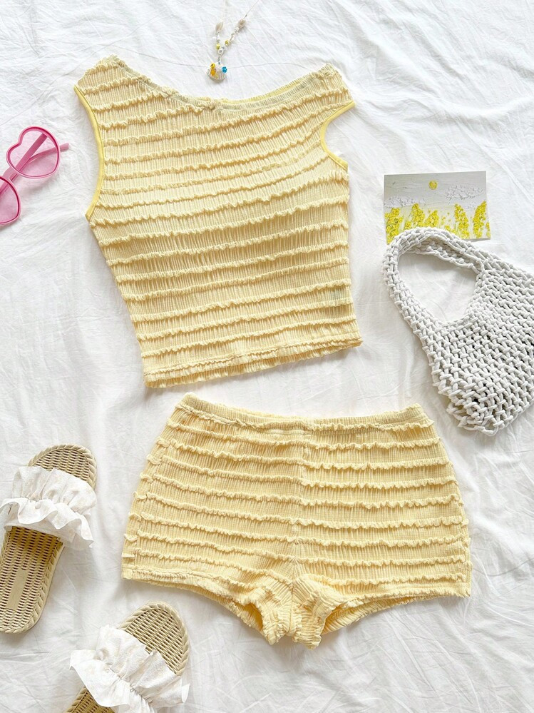 Soleia 2pcs/Set Women Summer Holiday Red & White Stripe Knitted Asymmetrical Neck Fitted Top And Super Low-Waist Bodycon Shorts, Suitable For Party, Christmas, Valentine's Day, Date, Beach, Cruise, Carnival, Easter, Chinese New Year Summer Two Pieces Set Butter Yellow Two Pieces Set Beach 2 Pieces Set Knit Two Pieces Set Smocked Two Pieces Set | SHEIN