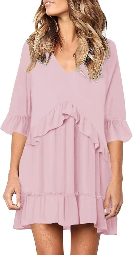 MITILLY Women's Summer V Neck Ruffle Polka Dot Pocket Loose Swing Casual Short T-Shirt Dress | Amazon (US)