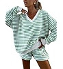 Melliflo Women 2 Piece Outfits Lounge Sets Striped Print Long Sleeve V Neck Sweatshirt and Shorts... | Amazon (US)