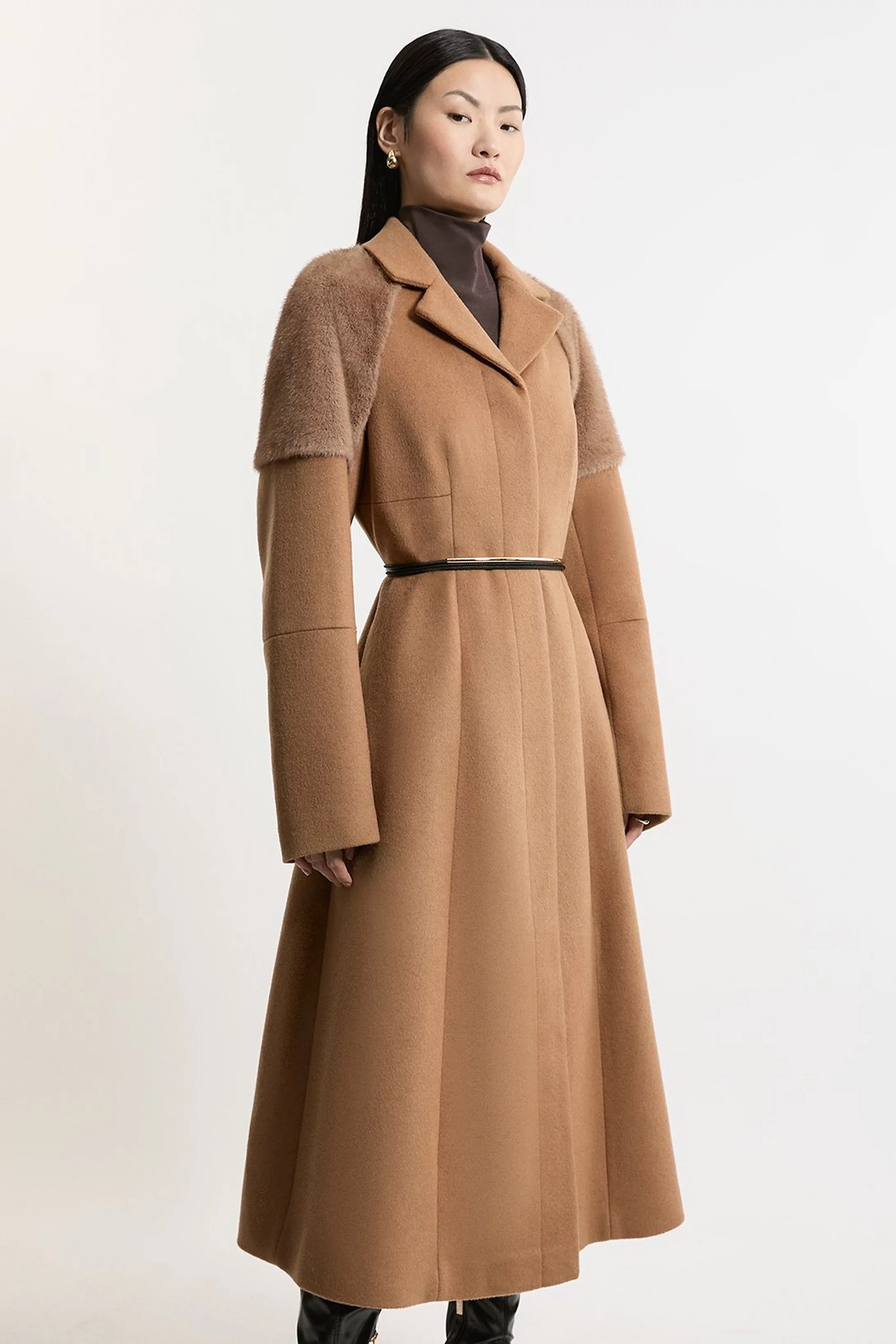 Wool Blend Faux Fur Sleeve Detail Tailored Midaxi Coat | Karen Millen UK + IE + DE + NL