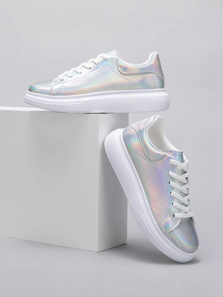 Metallic Holographic Lace-up Front Sneakers | SHEIN
