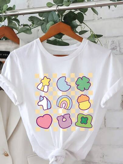 St Patrick Cartoon Letter Graphic Print T Shirt, Short Sleeve Crew Neck Casual Top For Summer & S... | SHEIN