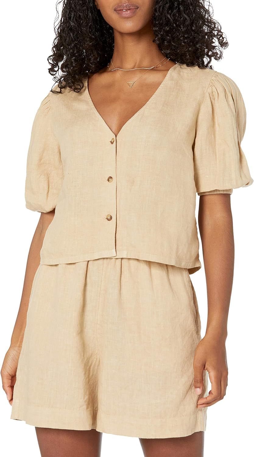 The Drop Women's Priya Puff-Sleeve Cropped Linen Shirt | Amazon (US)