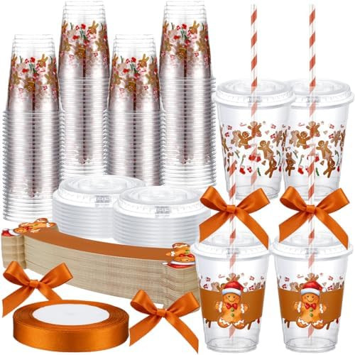 60 Pcs 12 oz Christmas Gingerbread Plastic Cups Bulk with Lids Sleeves and Straws Christmas Dispo... | Amazon (US)
