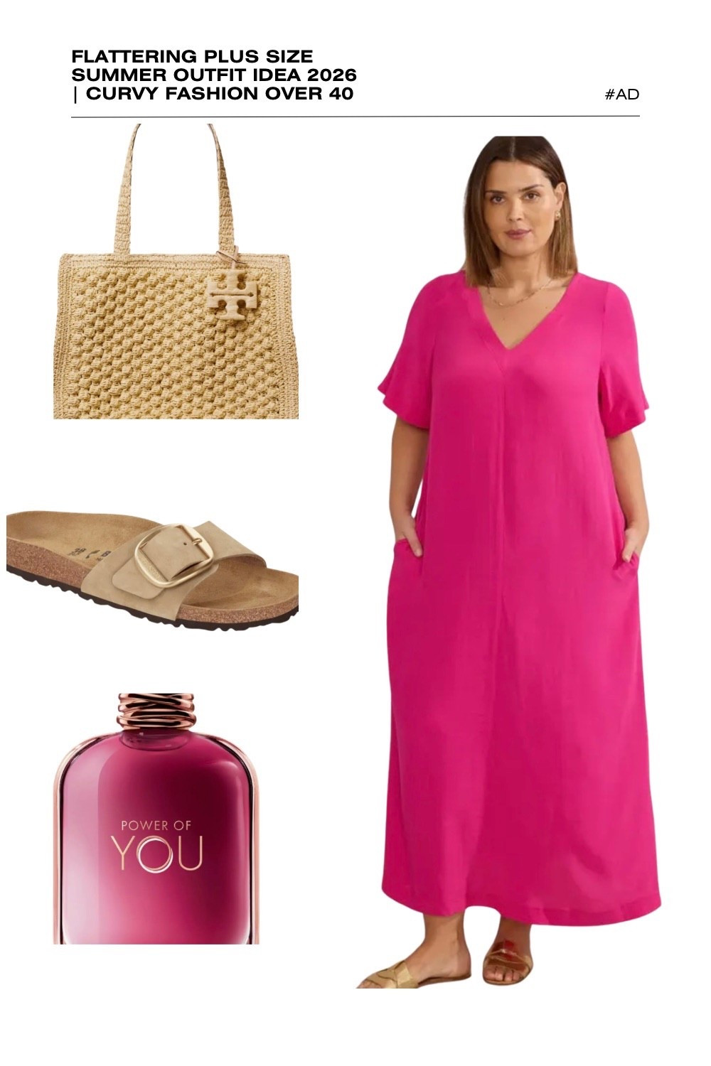 Step into the season with this vibrant magenta plus size summer outfit idea for 2026! This flattering V-neck shift dress is a must-have for curvy fashion over 40, offering a relaxed, flowy fit that’s as comfortable as it is chic. With its functional pockets and breathable fabric, it’s the perfect base for an effortless summer vacation look.
We’ve elevated this bold pink dress with a Tory Burch straw tote bag featuring a textured crochet finish and paired it with tan Birkenstock-style buckle slides for a touch of laid-back luxury. The ensemble is perfectly complemented by the empowering, floral notes of Power of You fragrance. Whether you’re heading to a casual lunch or looking for plus size resort wear, this monochromatic look is a summer standout. #PlusSizeFashion #MagentaDress #SummerOutfits2026 #CurvyStyle #ToryBurchBag #CasualLuxury #SummerVacationOutfit
