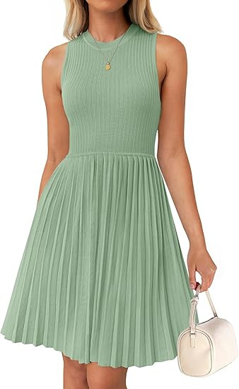 ZESICA Women's Summer Sleeveless Mini Dress 2026 Crewneck A Line Knit Pleated Swing Business Casu... | Amazon (US)