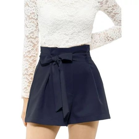 Women’s Elegant Tie Waist High Waist Paper Bag Shorts (Size L / 14) Navy Blue | Walmart (US)