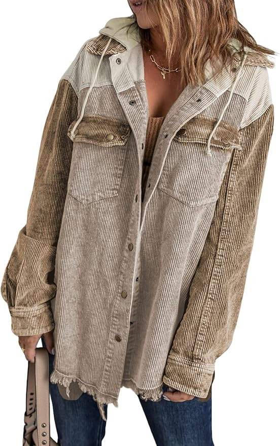 Sidefeel Women Corduroy Hooded Colorblock Long Sleeve Jacket Raw Hem Coat Outwear | Amazon (US)