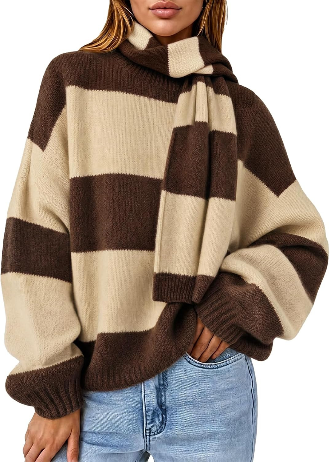 Cicy Bell Womens Striped Long Sleeve Sweaters Knit Fall Pullover with Scarf | Amazon (US)