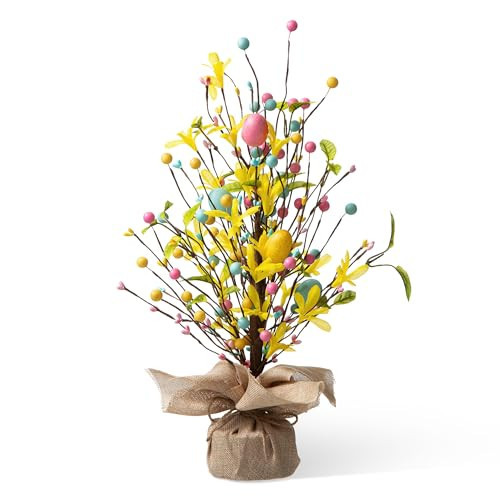 Glitzhome Easter Eggs Table Tree with Spring Flowers Burlap Stone Base Decorative Artificial Table Tree Decor for Spring Easter Party Supplies Props,18" H | Amazon (US)