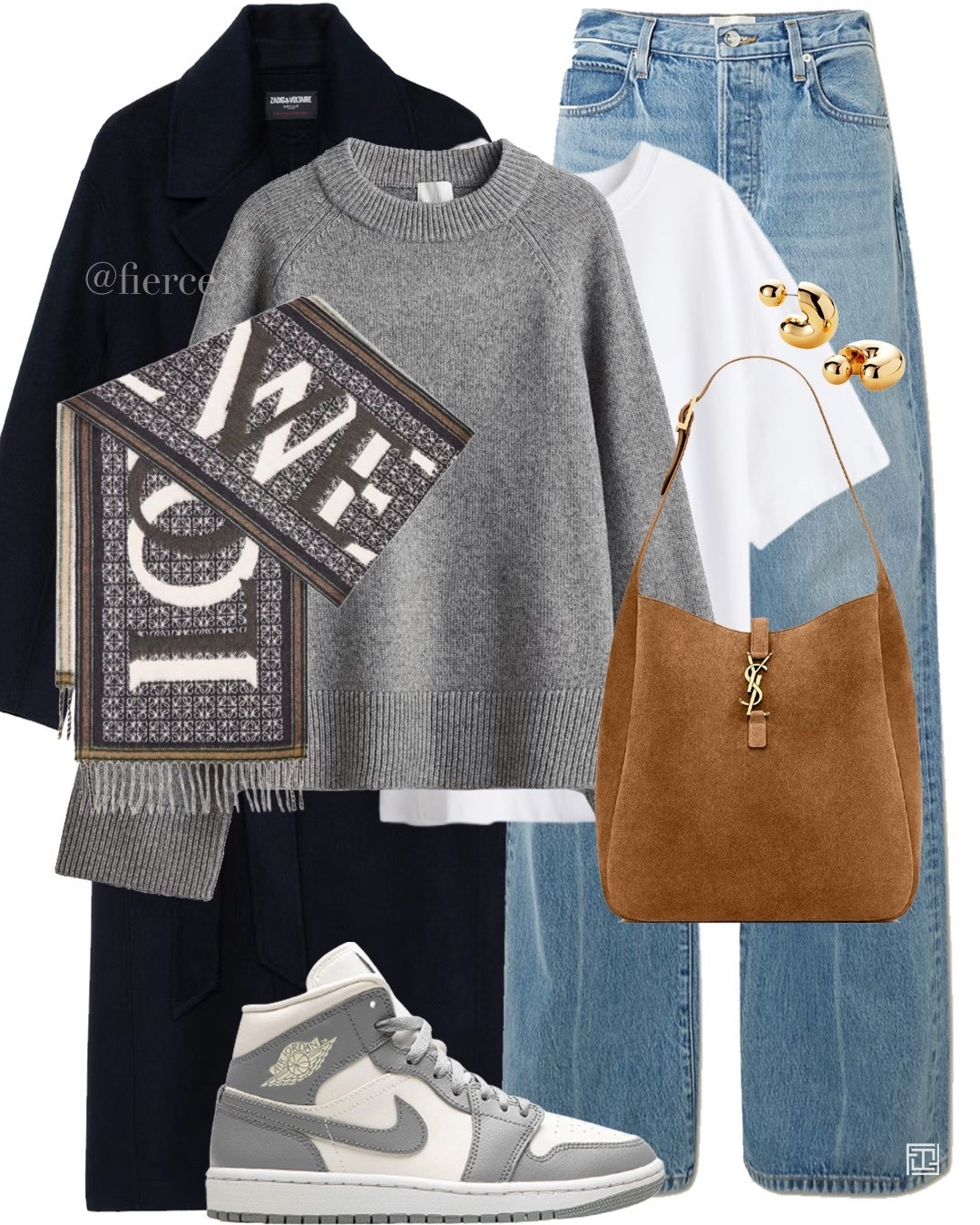 Navy belted wool coat grey jumper blue jeans  Loewe scarf Nike Jordan 1 suede brown bag 

#LTKwinter #LTKeurope #LTKuk