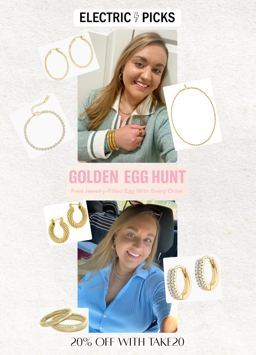 20% off electric picks & Easter egg hunt, gold necklace, gold jewelry, gold, hoops, hoop earrings, bracelets, layering jewelry

#LTKSaleAlert #LTKFindsUnder100 #LTKTravel