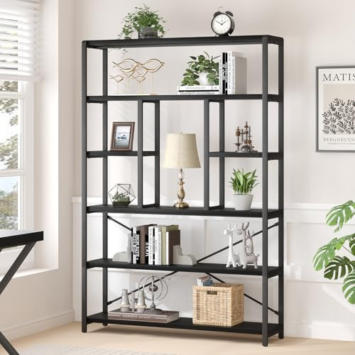 LVB 6 Tier Tall Black Bookshelf, Modern Large Wide Book Rack Storage, Industrial Wood Metal Etagere 6 Shelf Bookcase, Farmhouse Open Display Book Shelf Organizer for Bedroom Living Room Office, Black | Amazon (US)