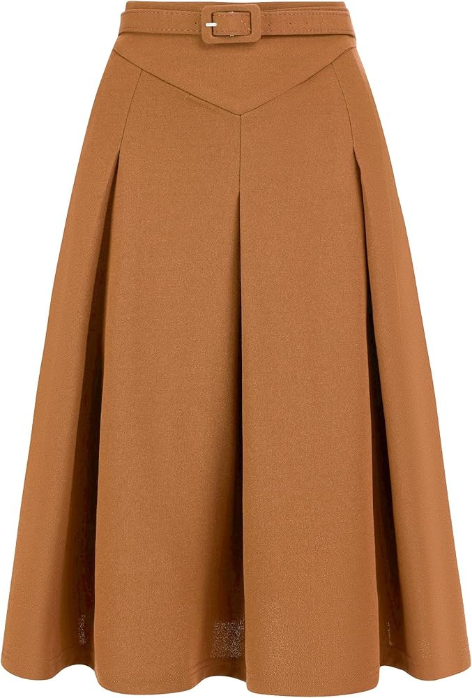 Allegra K Women's Office Work Skirts Belted Waist Midi A-Line Pleated Skirt | Amazon (US)