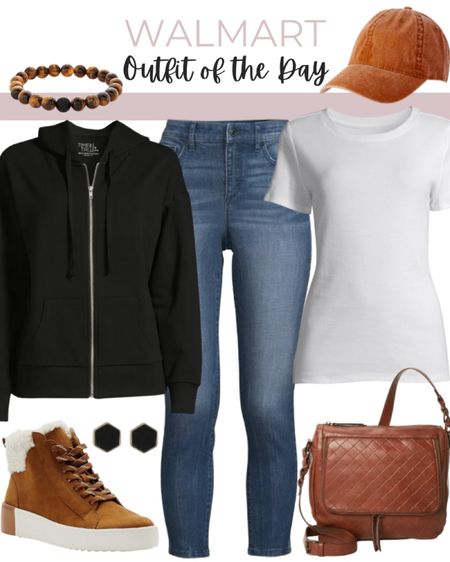 Walmart outfit of the day includes zip up sweatshirt, Sophia Vergara jeans, white rib knit tee, neutral bracelet, baseball hat, crossbody bag, hexagon earrings, and high top faux fur sneakers. 

Casual outfit, outfit of the day, Walmart fashion, everyday fashion, fall fit, Walmart finds

#LTKunder50 #LTKstyletip #LTKfit