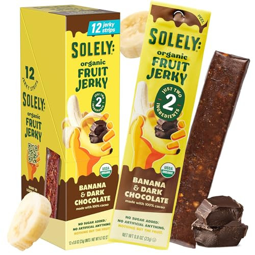 SOLELY - Organic Banana Chocolate Drizzled Fruit Jerky - 12 Individually Wrapped Strips - Fruit Leather Made from Dried Fruit - Healthy Snacks for Adults & Kids - Vegan, Non GMO - 0.8oz (23g) | Amazon (US)