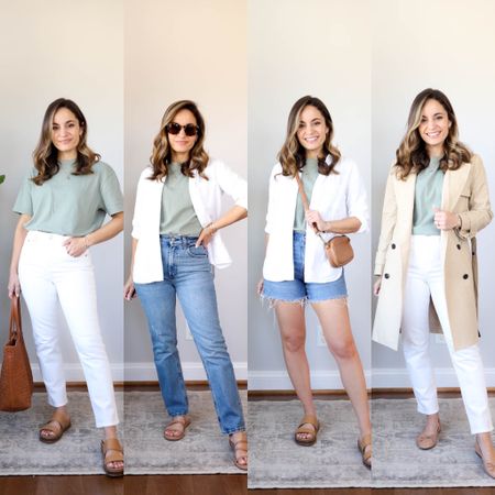 White jeans: petite 24 
Green top: xs 
White top: 00
Trench coat: petite xxs/00 
Shorts: 24 
Jeans: 24 extra short 

All shoes are tts 

#LTKSeasonal #LTKFind