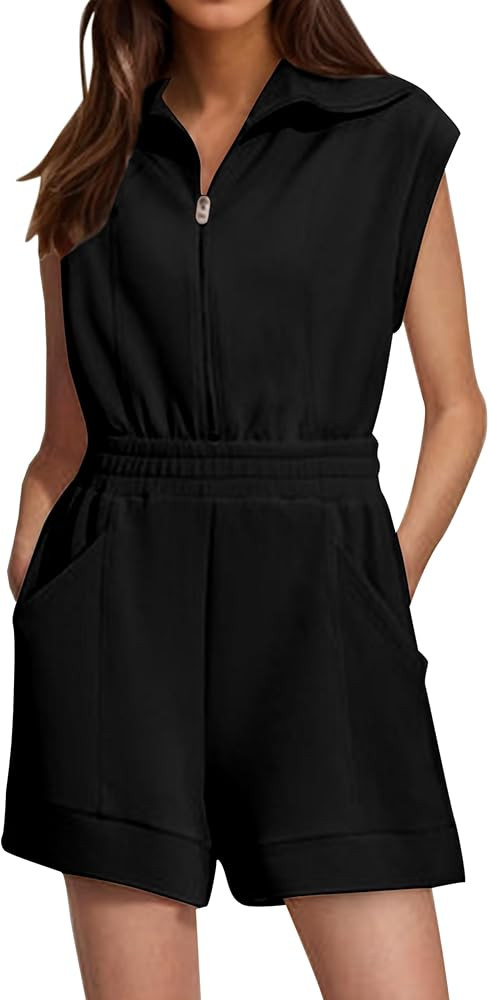 MISSACTIVER Sleeveless Half Zip Romper For Women Summer V Neck Jumpsuit Shorts With Pockets Loose... | Amazon (US)