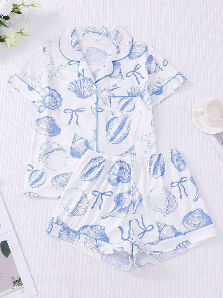 Marira 2pcs/Set Women's Ocean Shell Print Pajamas Set, Short Sleeve Shirt With Collar & Button, A... | SHEIN