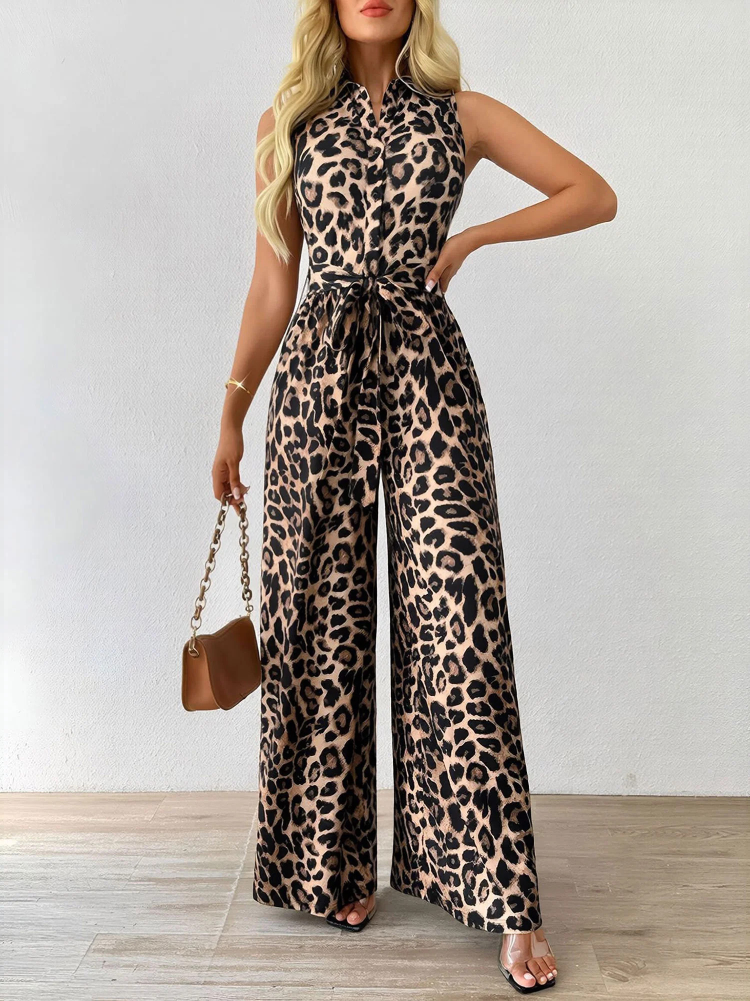 Leopard Print Sleeveless Tie Waist Wide Legs Jumpsuits | allegra-k