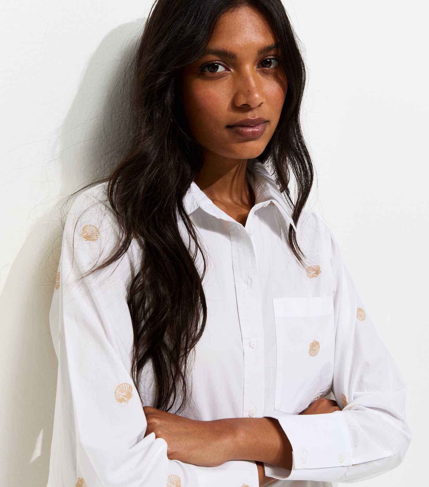 White Cotton Embroidered Shell Long Sleeve Shirt | New Look | New Look (UK)
