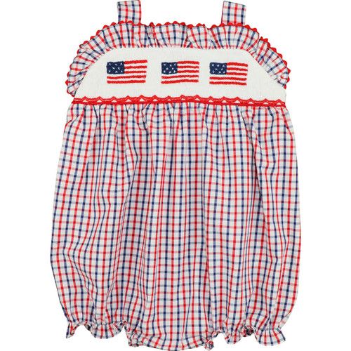 Navy And Red Windowpane Smocked Flag Ruffle Bubble | Cecil and Lou