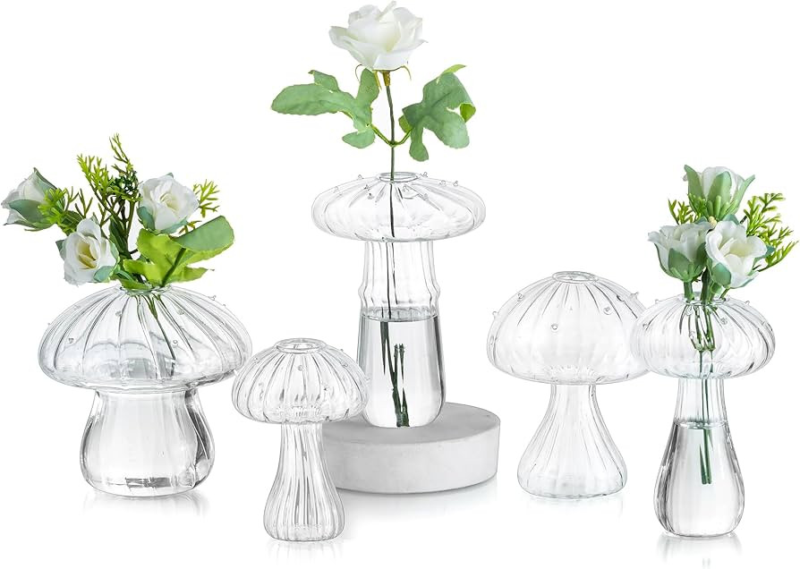 Glasseam Mushroom Vase for Flowers, Cute Flower Vase Set of 5, Unique Small Bud Vases for Decor, ... | Amazon (US)
