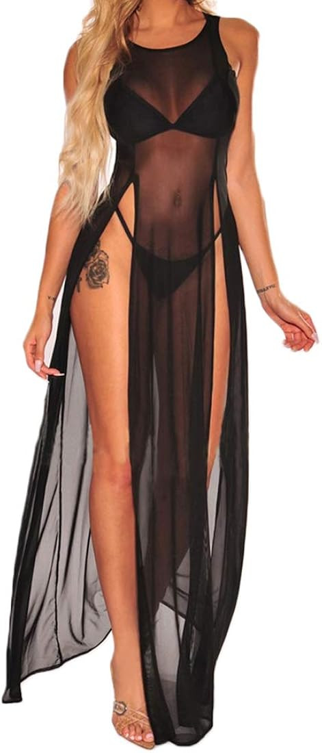 Women's Sexy Lingerie Sleepwear Night Gown Mesh See Through Slit Maxi Dress Bikini Cover Up | Amazon (US)