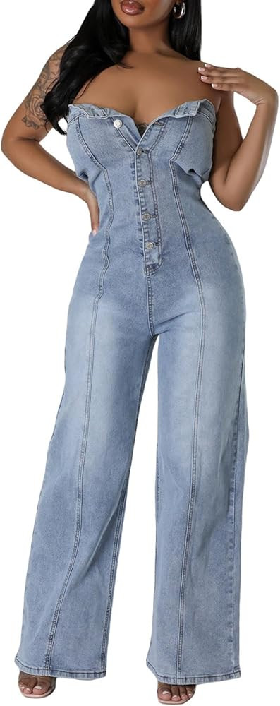 ECDAHICC Womens Strapless Denim Jumpsuit Wide Leg Off Shoulder Sleeveless Button High Waisted Loo... | Amazon (US)