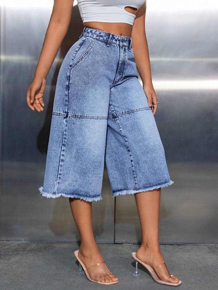 SHEIN SXY Ladies' Fringed Loose Fit 3/4 Length Denim Pants | SHEIN
