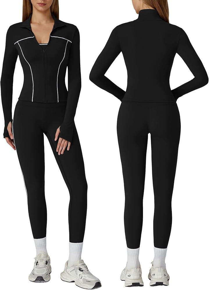 ABOCIW 3 Piece Workout Sets for Women Zip Up Jacket Racerback Sports Bra High Waist Leggings Gym ... | Amazon (US)