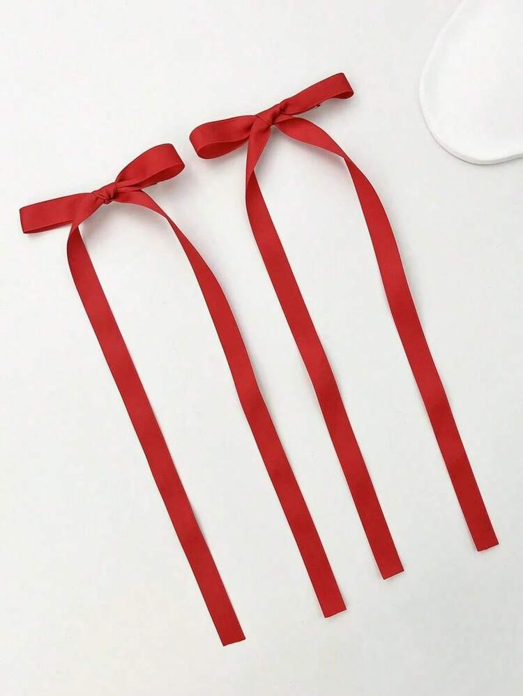 2pcs Simple Bowknot & Long Ribbon Hair Clip Suitable For Daily Use Cute Valentine's Day Valentines Claw Clips Hair Claws Hair Barrettes, School Stuff, Elegant, College, Bows, Hair Accessories | SHEIN