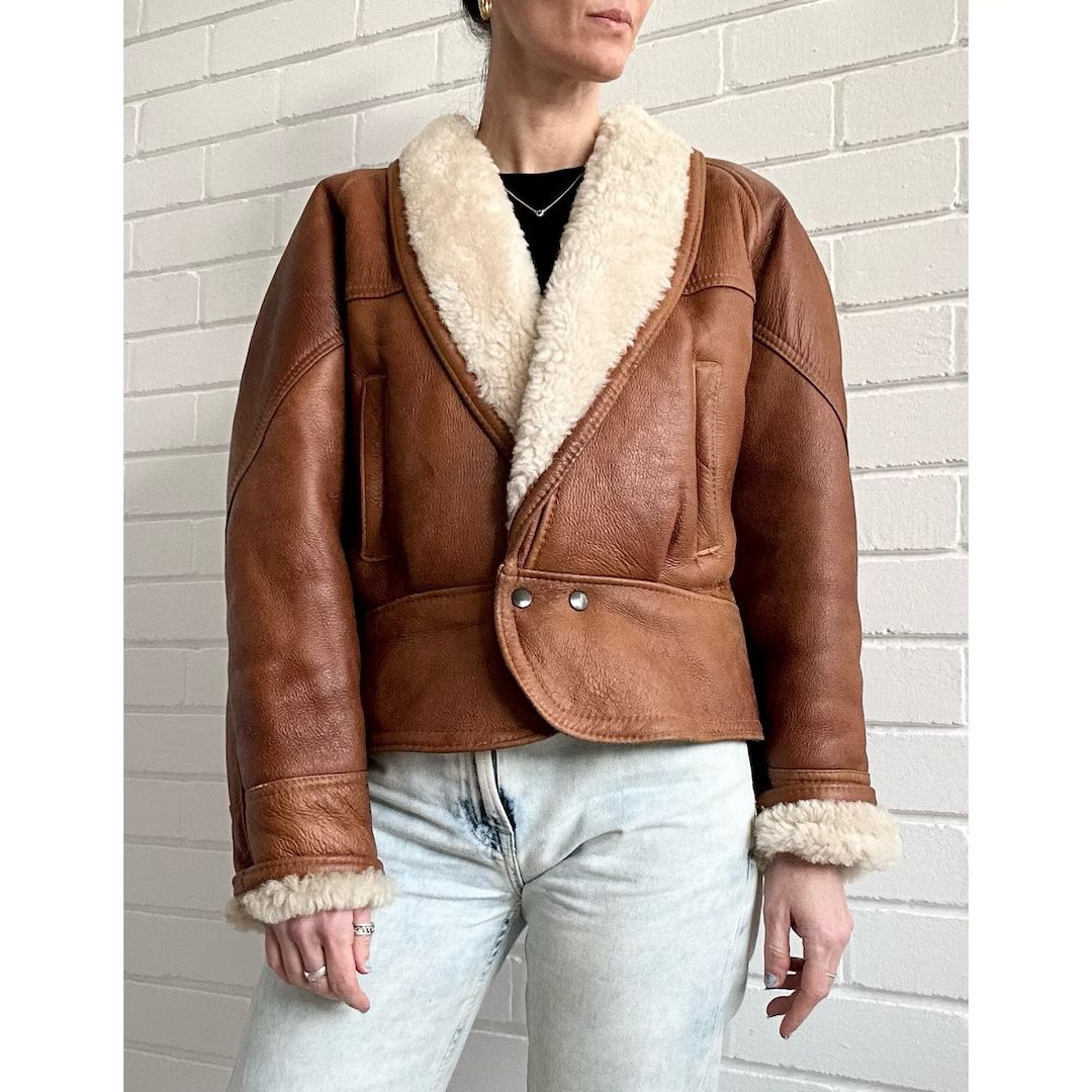 Vintage Real Sheepskin Shearling Jacket / Coat Womens Size 10 Uk 38 Eur 6 USA Tan Aviator Flying ... | Etsy (UK)