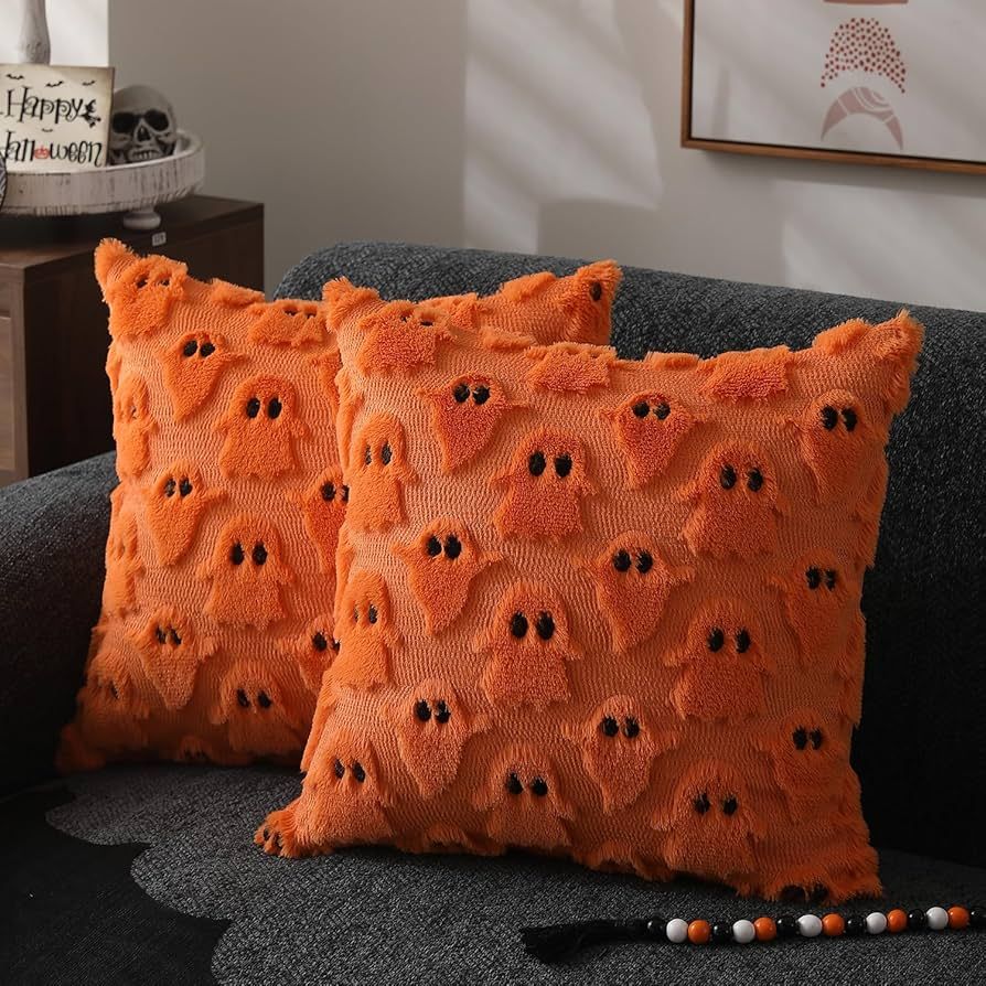 DFXSZ Halloween Pillow Covers 18x18 inch Set of 2 Orange Ghost Throw Pillow Cases Soft Plush Faux... | Amazon (US)